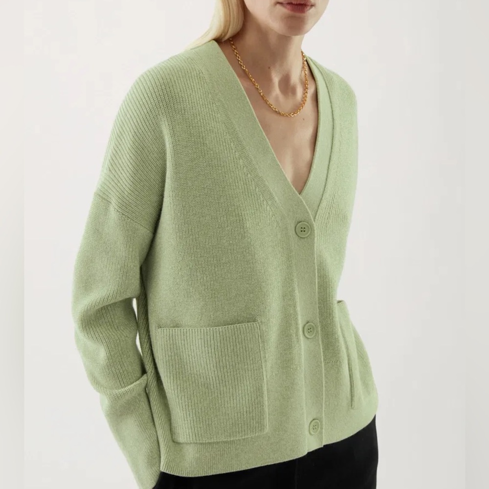 COS V-Neck Patch-Pocket Cardigan in a light green/sage color size XS